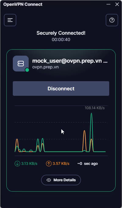 OpenVPN Connect showing Securely Connected with a running timer