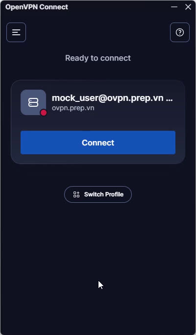 OpenVPN Connect showing the bundled profile, Ready to connect