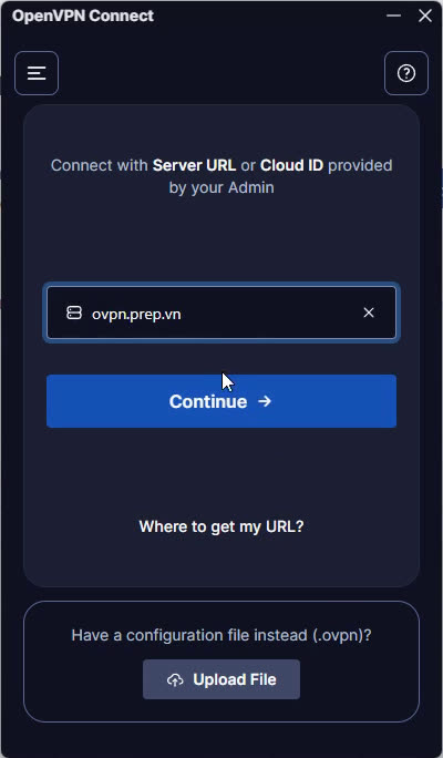 OpenVPN Connect with ovpn.prep.vn typed in the URL field