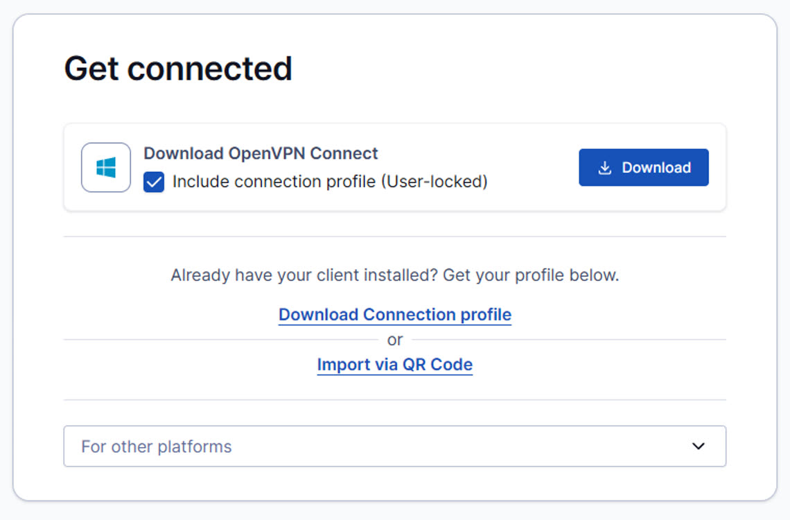 Portal Get connected page with Download button and Download Connection profile link