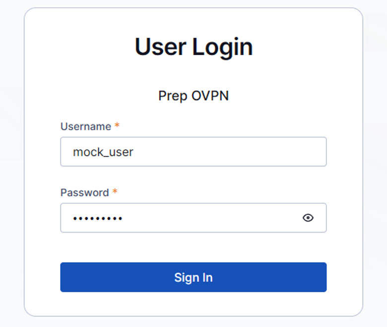 Prep OVPN login page with username and masked password filled in